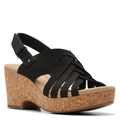 Clarks Wedges|Women's , Giselle Ivy Sandal Black Nubuck