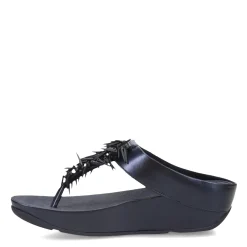 FitFlop Wedges|Women's , Rumba Beaded Metallic Toe-Post Sandal Metallic Navy